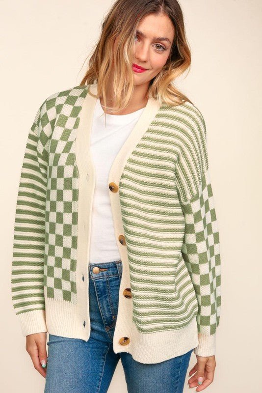 Checker Stripe Oversized Cardigan: Sage - Amyliz Collections