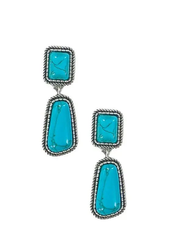 Tiered drop earrings featuring two turquoise stones each, set in silver rope-edged frames with rectangular and trapezoid shapes.