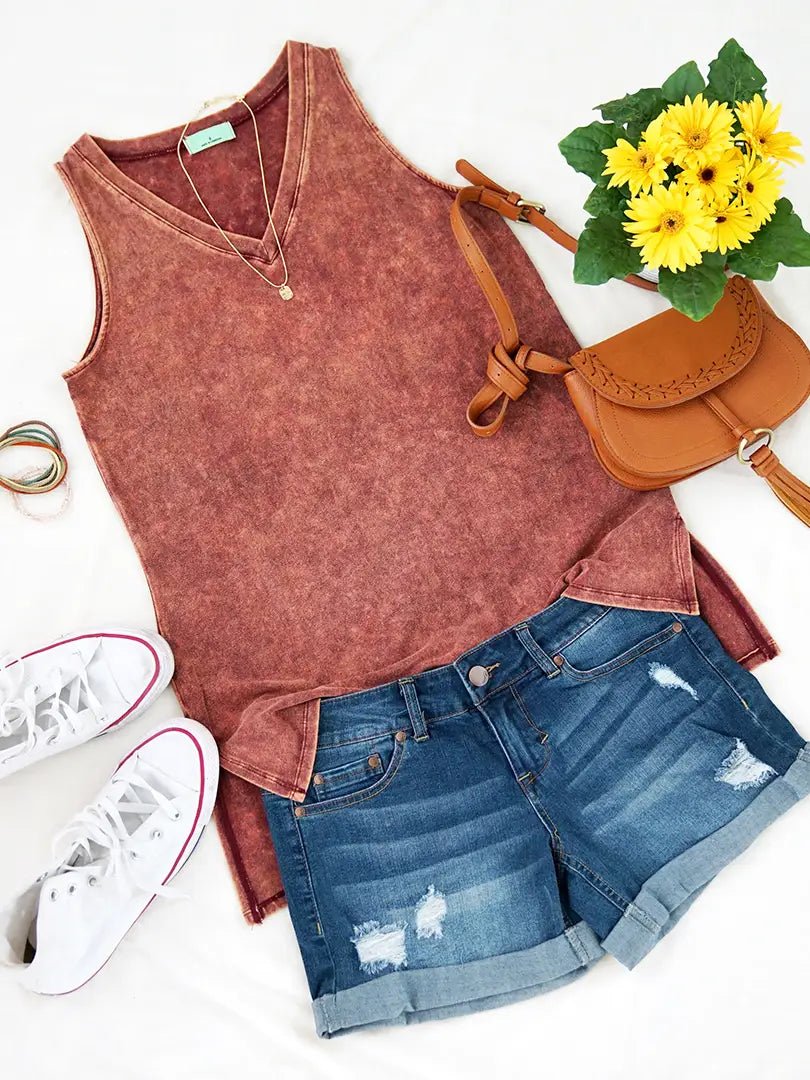 Washed V - Neck Plus Tank Top - Amyliz Collections