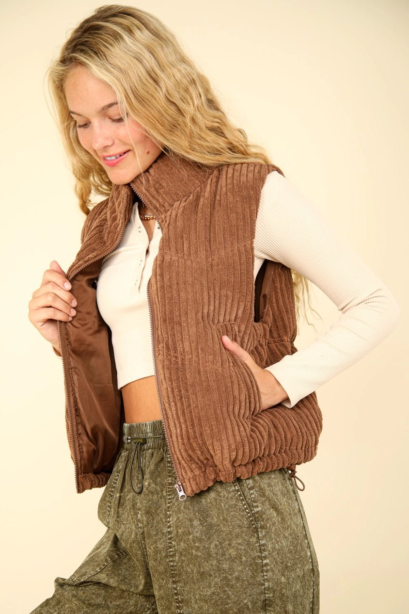 Zig - Zag Padded Corduroy Puffer Jacket Brown - Amyliz Collections