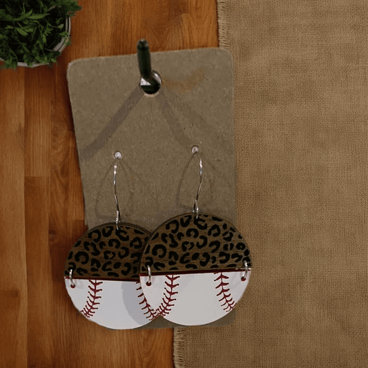 Baseball Split Dangle Earrings - Walnut Wood - Amyliz Collections