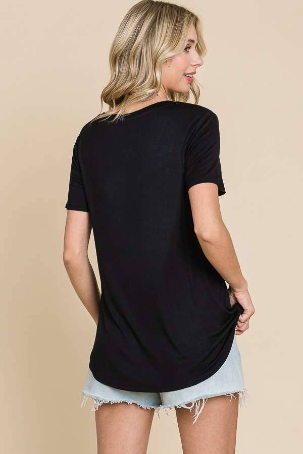 Semi Loose V Neck Sort Sleeve Top: Black - Amyliz Collections