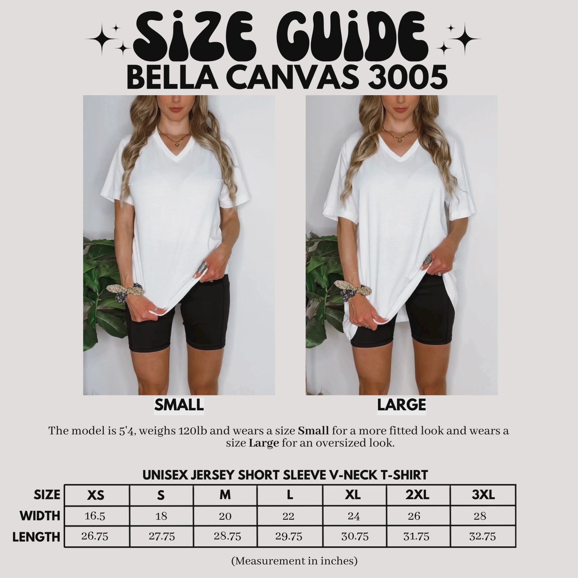 Video presentation of the Bella+Canvas 3005 Unisex V-Neck T-Shirt size chart, displaying width and length measurements in inches for sizes XS through 3XL, accompanied by visuals of the t-shirt highlighting measurement areas.