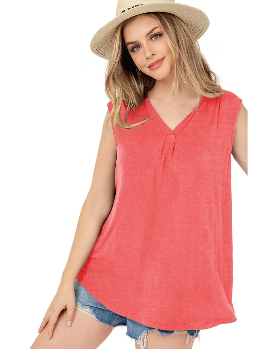 Sleeveless V Neck Top With Shirring: Coral