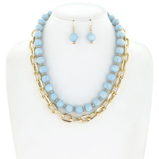2 Layer Large Beaded & Chain Link Necklace Set