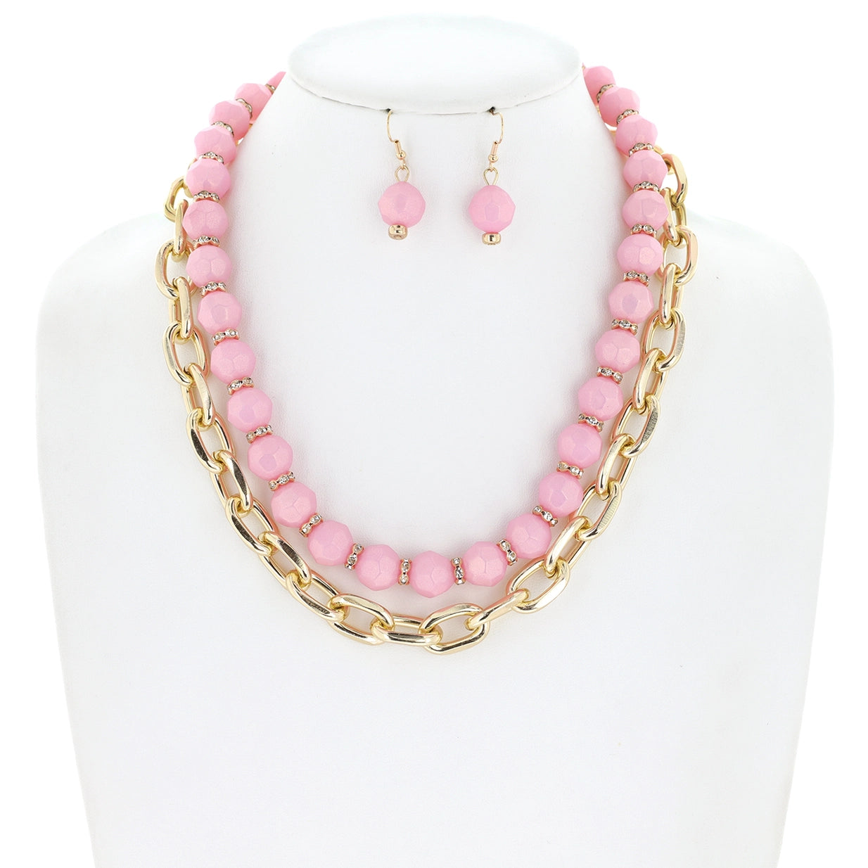 2 Layer Large Beaded & Chain Link Necklace Set