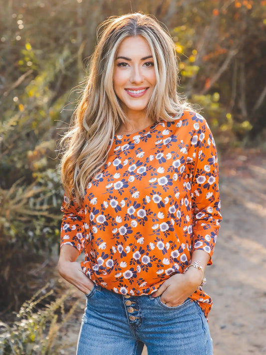 3/4 Sleeve Alex Top: Orange Floral