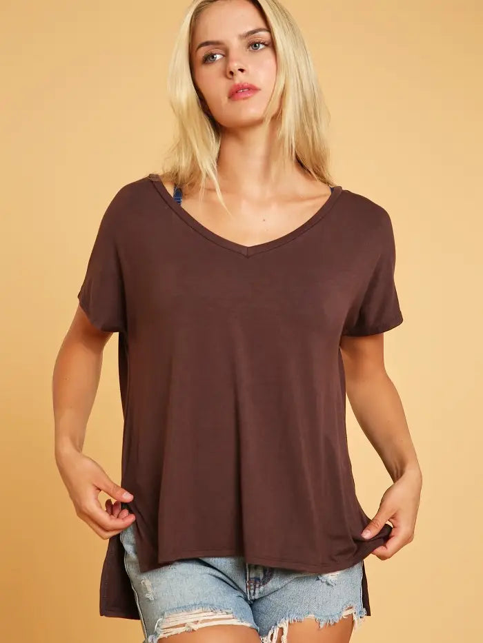 Basic Short Sleeve V Neck Boxy Top: Brown