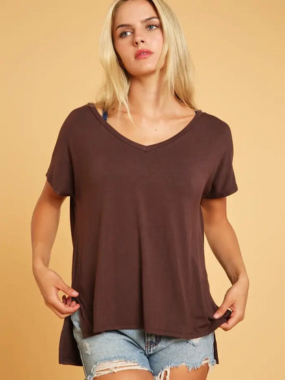 Basic Short Sleeve V Neck Boxy Top: Brown