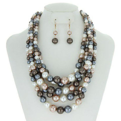 Chunky 5 Strand Pearl Necklace & Earring Set