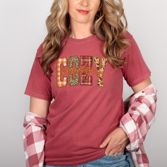 Woman wearing a faded crimson t-shirt with the words “Cozy Season” printed on the front in large patterned block letters. Each letter features a different fall-inspired print, including plaid, leopard, and autumn leaves. She has wavy blonde-brown hair, light makeup, and is styled with a pink plaid button-up shirt draped around her arms and blue jeans.