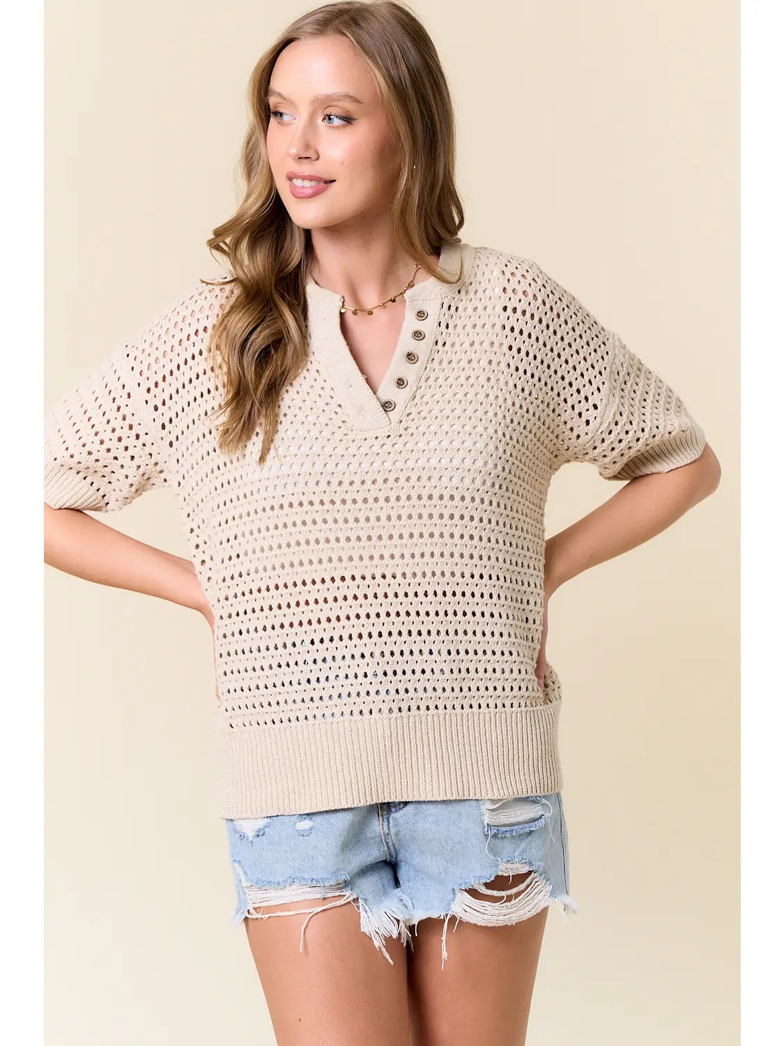 Short Sleeve Open-Knit Sweater Top