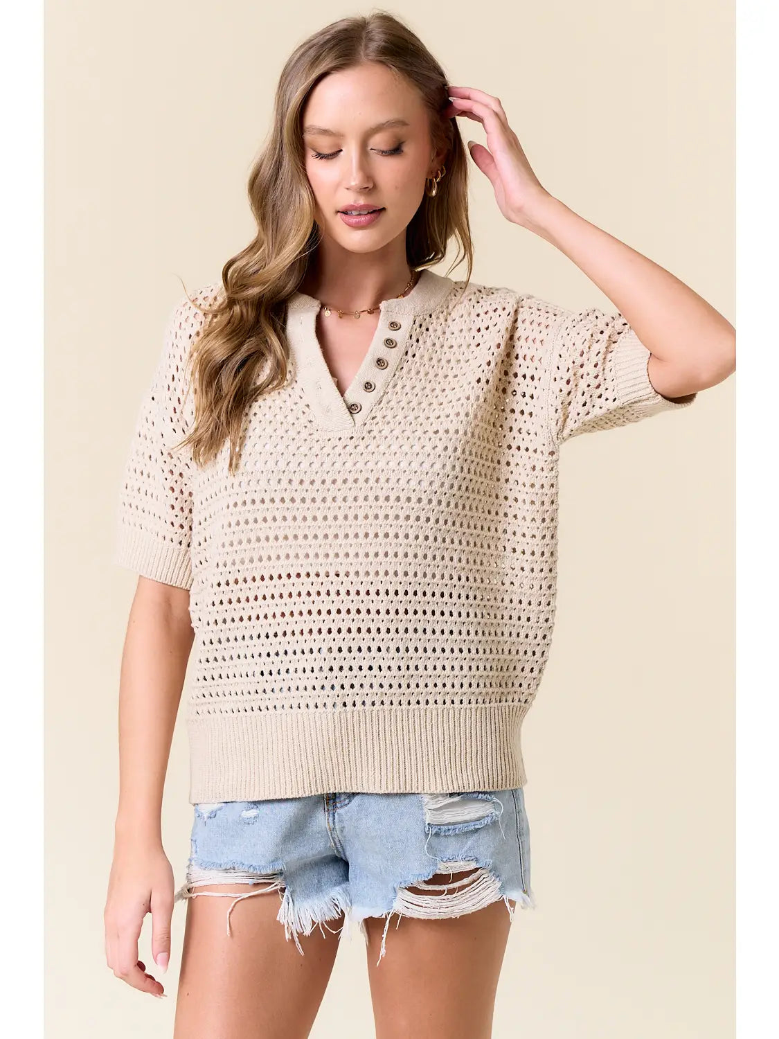 Short Sleeve Open-Knit Sweater Top