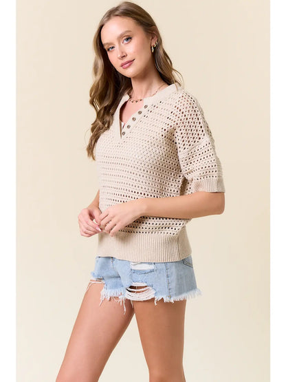 Short Sleeve Open-Knit Sweater Top