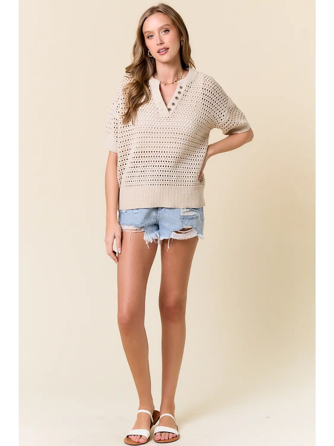 Short Sleeve Open-Knit Sweater Top