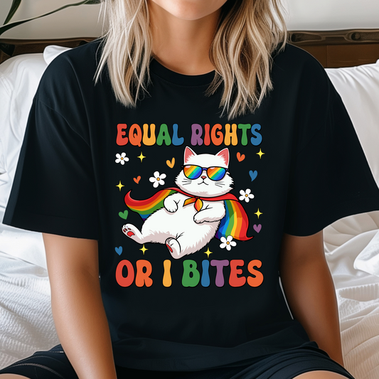 Black t-shirt with rainbow text 'Equal Rights or I Bites' featuring cartoon white cat wearing rainbow cape and sunglasses – LGBTQ+ pride graphic tee