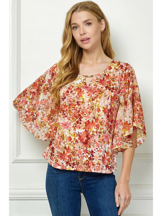 Floral Printed 3/4 Bat Wing Sleeve Blouse