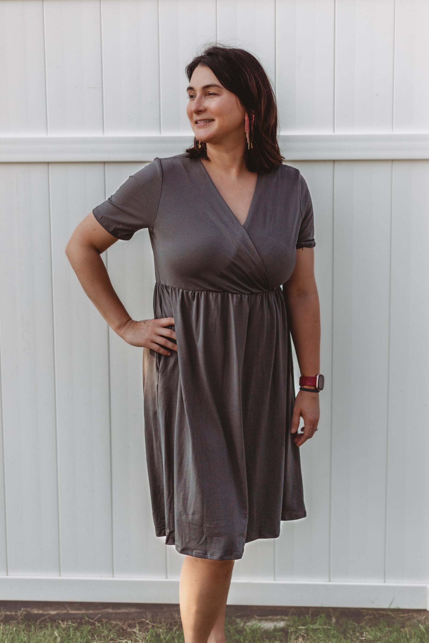 Short Sleeve Dress with Pockets: Olive