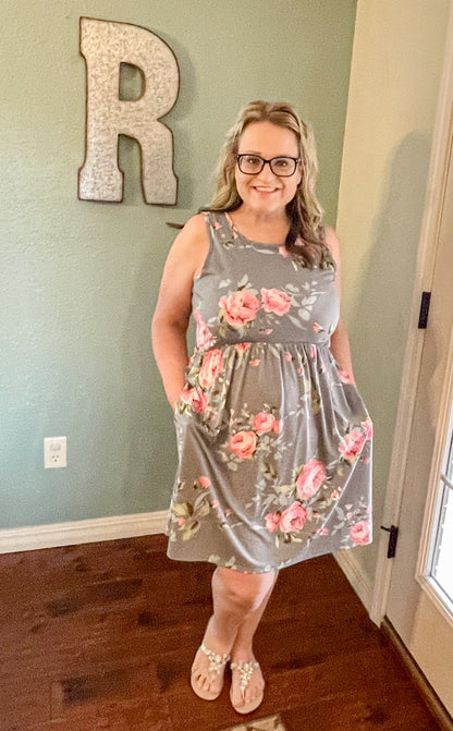 Soft Grey Floral Tank Dress