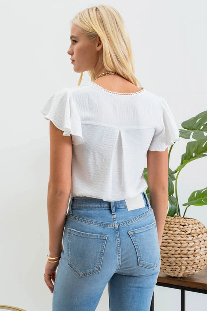 Lace Edge Split Neckline Woven Top