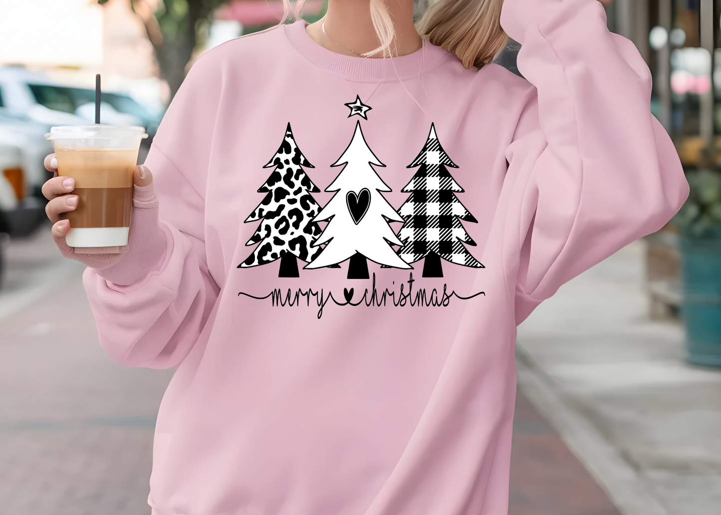 Pink Plaid Trees Crewneck