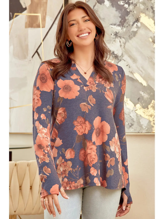 Long Sleeve Navy Floral Print Top