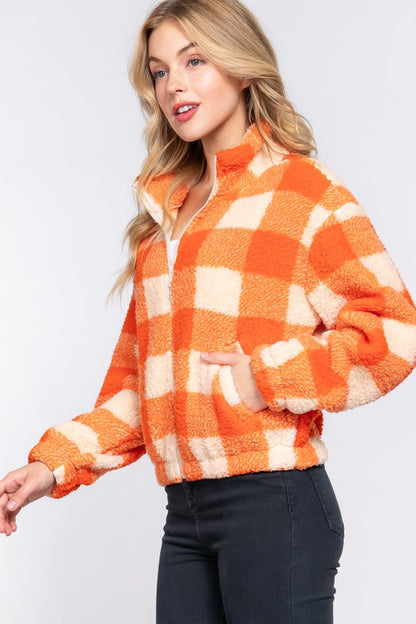 Long Sleeve Mock Neck Argyle Print Faux Fur Jacket