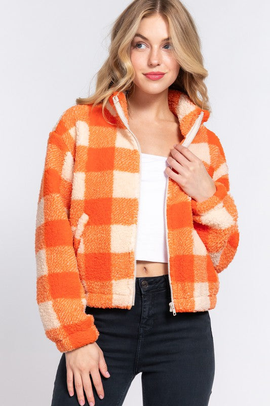 Long Sleeve Mock Neck Argyle Print Faux Fur Jacket