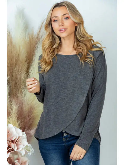 Plus Long Sleeve Solid Knit Top: Charcoal