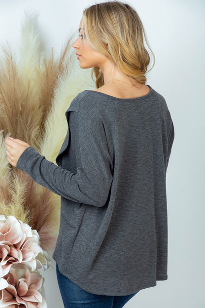 Plus Long Sleeve Solid Knit Top: Charcoal