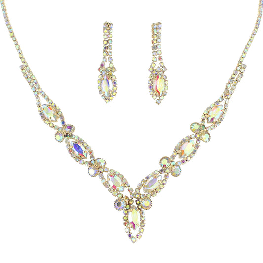 Marquise Rhinestone Crystal Cluster V-Shape Bib Necklace Set