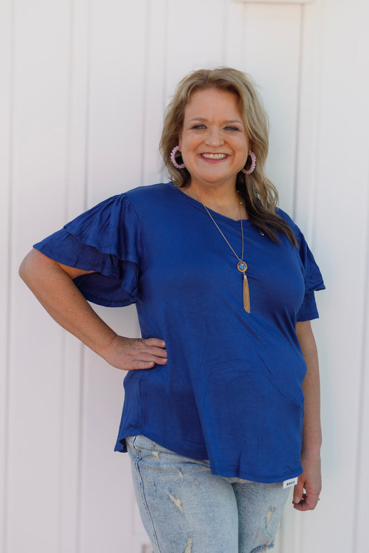 Round Neck Semi Loose Ruffle Sleeve Top: Ink Blue