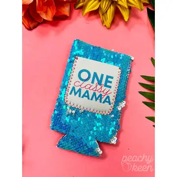 One Classy Mama Blue Sequin Can Cooler