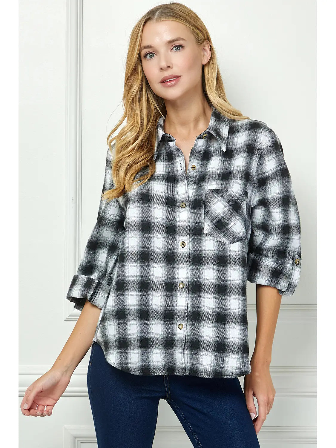 Plaid Flannel Roll Sleeves Collar Neck Shirt