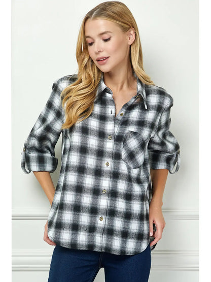 Plaid Flannel Roll Sleeves Collar Neck Shirt