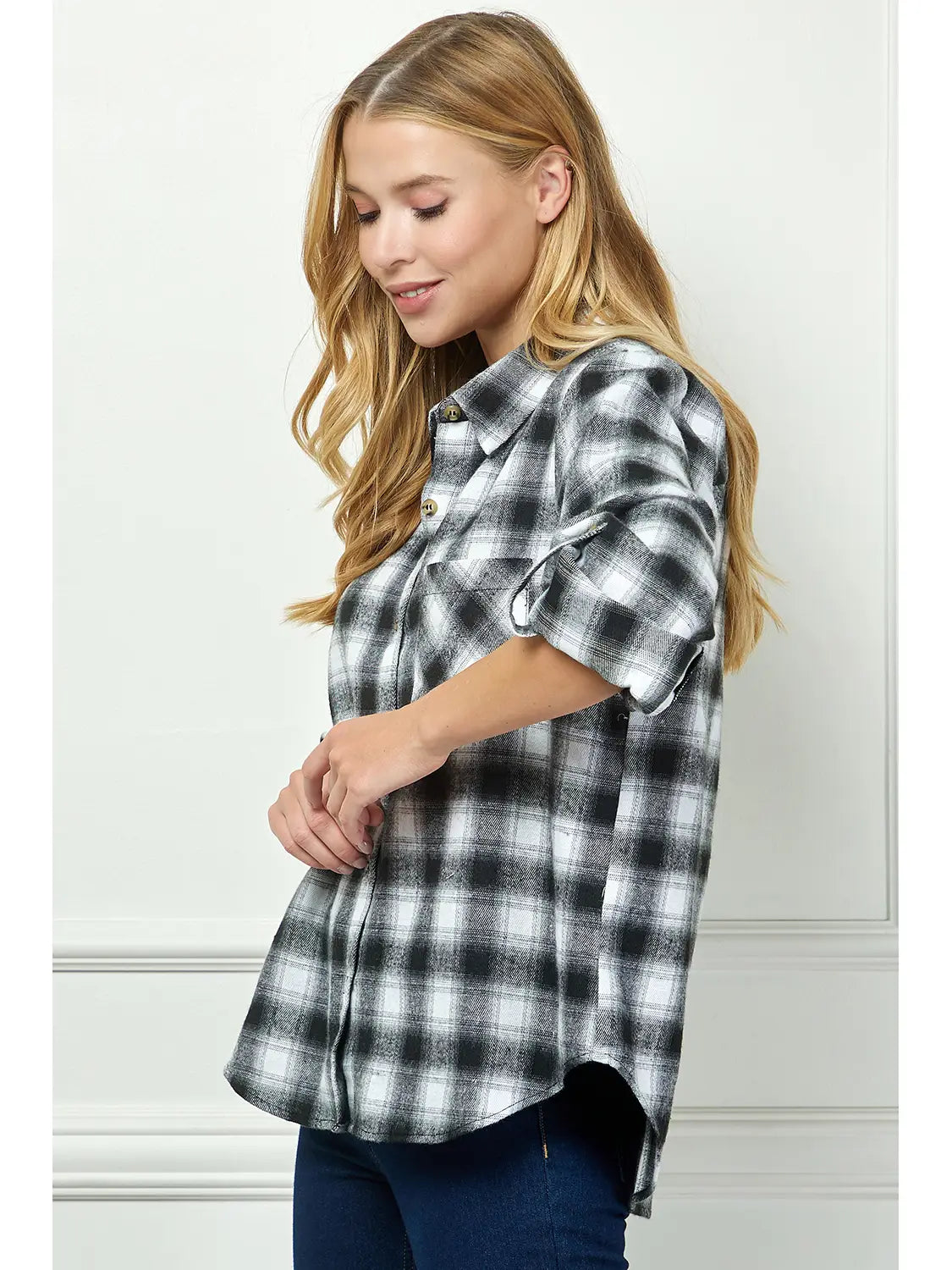 Plaid Flannel Roll Sleeves Collar Neck Shirt