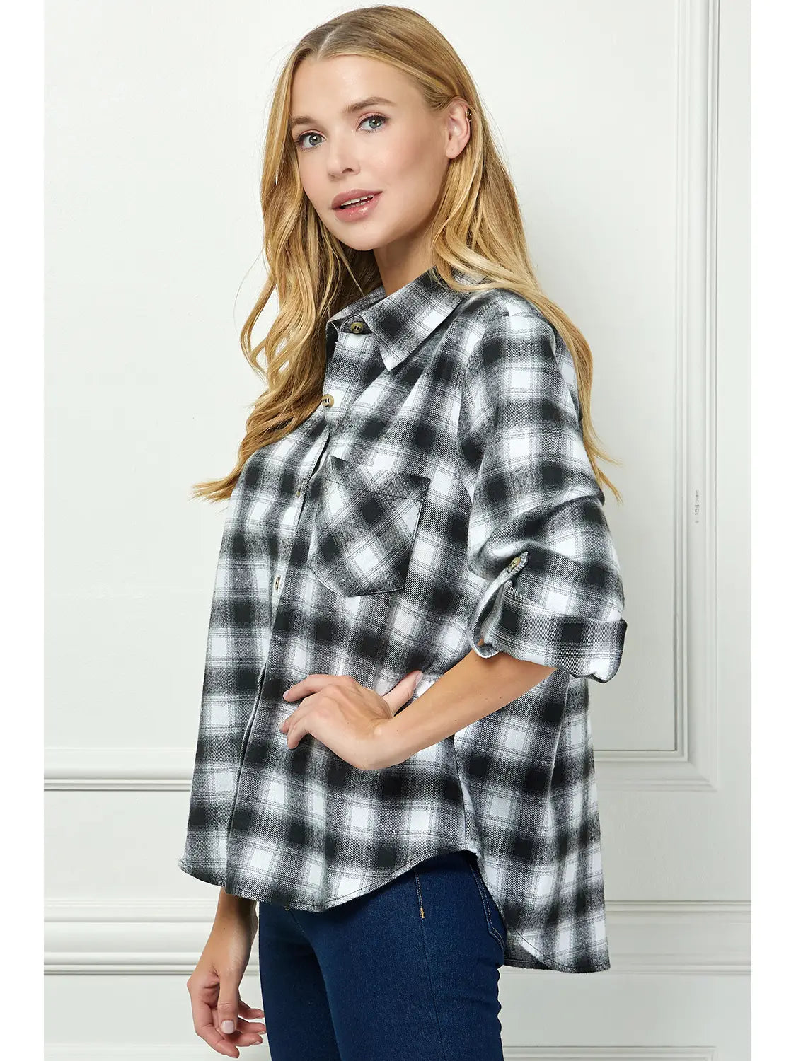 Plaid Flannel Roll Sleeves Collar Neck Shirt