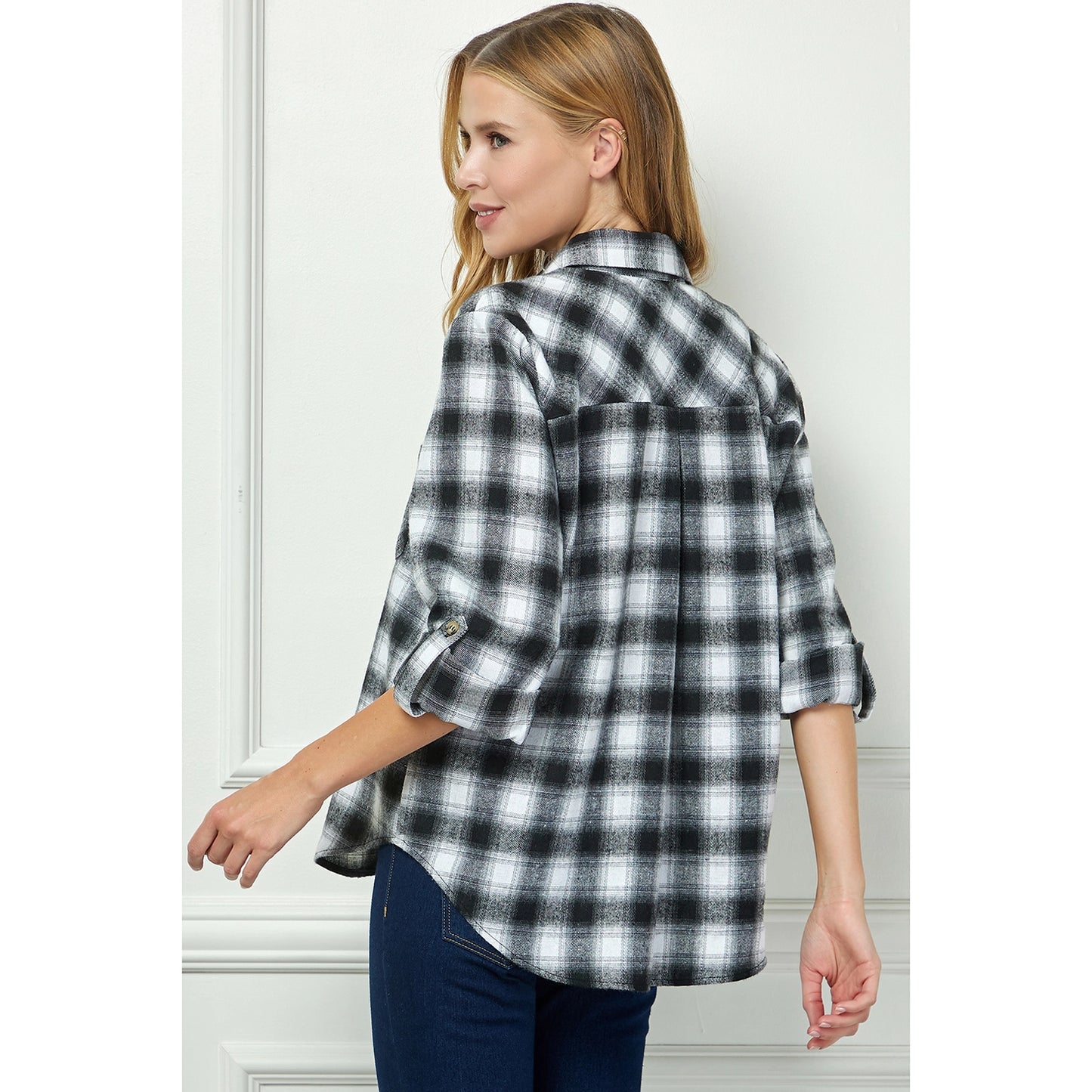 Plaid Flannel Roll Sleeves Collar Neck Shirt