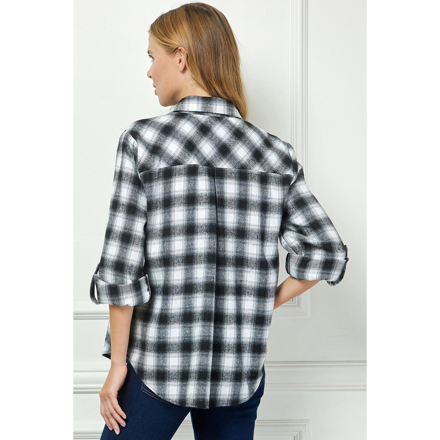 Plaid Flannel Roll Sleeves Collar Neck Shirt