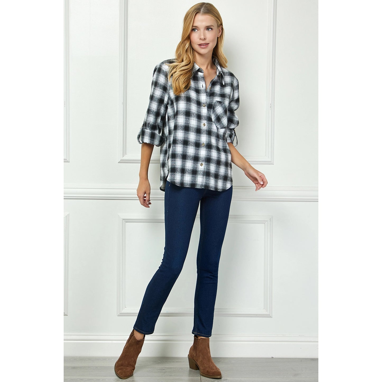 Plaid Flannel Roll Sleeves Collar Neck Shirt