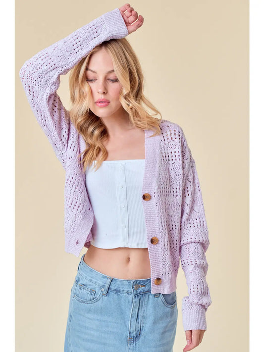 Pointelle Knitted V-Neck Crop Cardigan