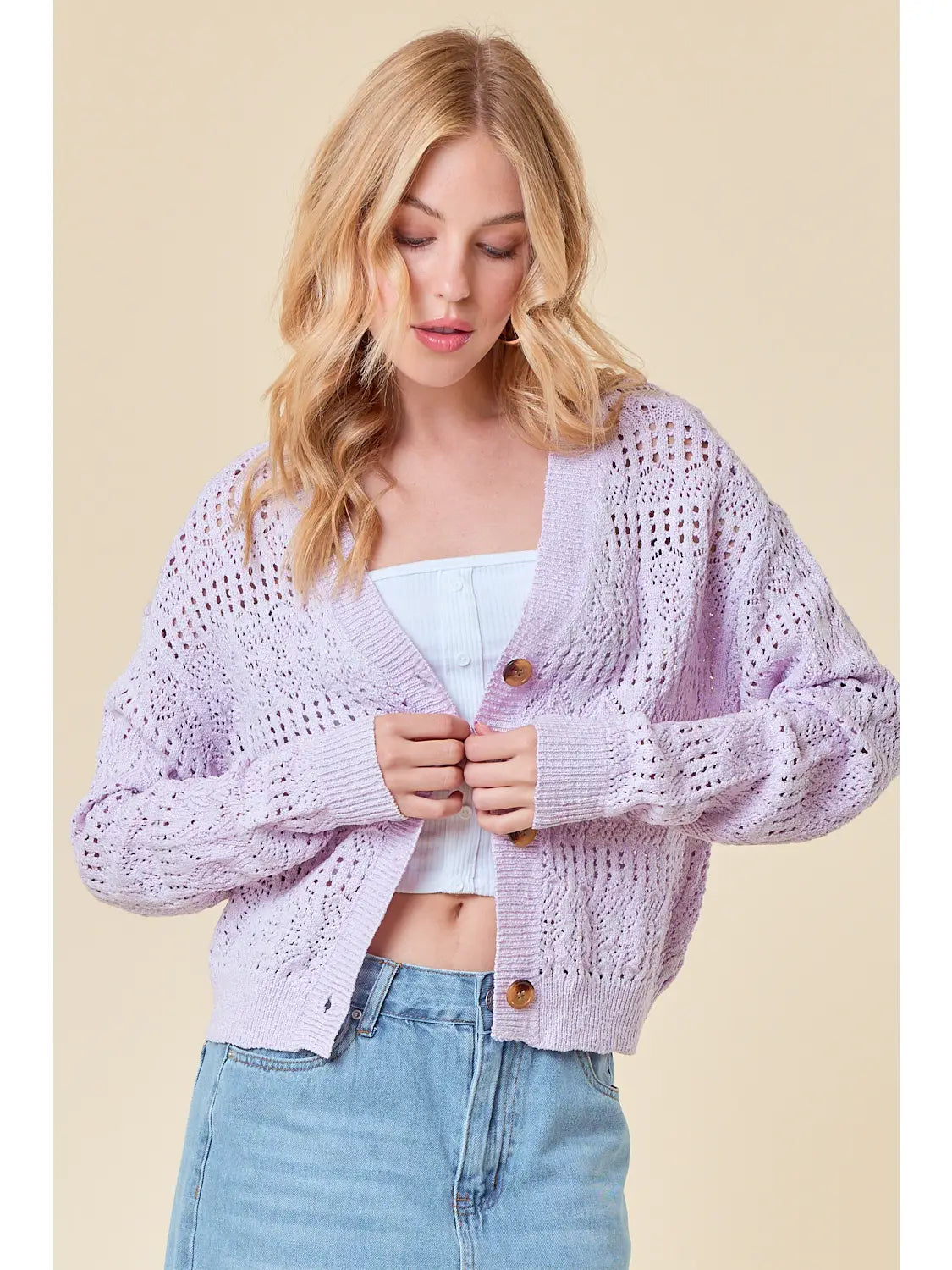 Pointelle Knitted V-Neck Crop Cardigan