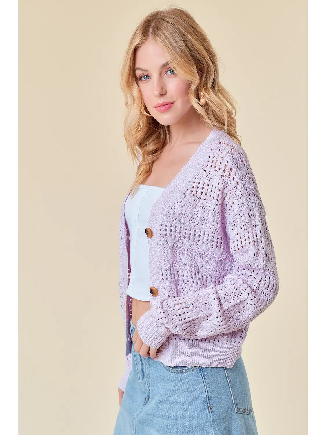 Pointelle Knitted V-Neck Crop Cardigan