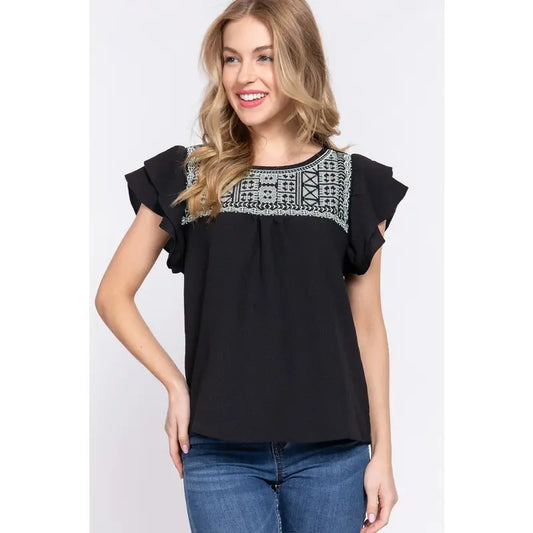 Short Ruffle Sleeve with Embroidered Yoke Top