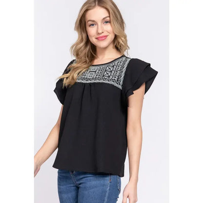 Short Ruffle Sleeve with Embroidered Yoke Top