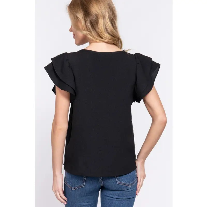 Short Ruffle Sleeve with Embroidered Yoke Top