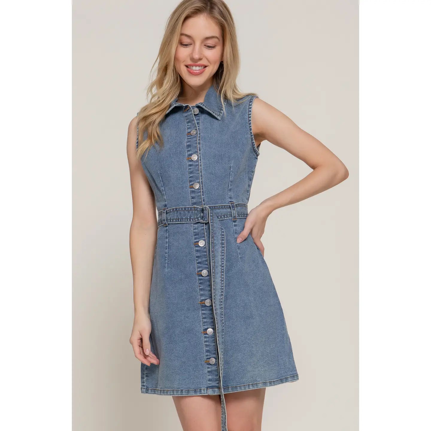 Sleeveless Button Down Stretch Denim Mini Shirt Dress