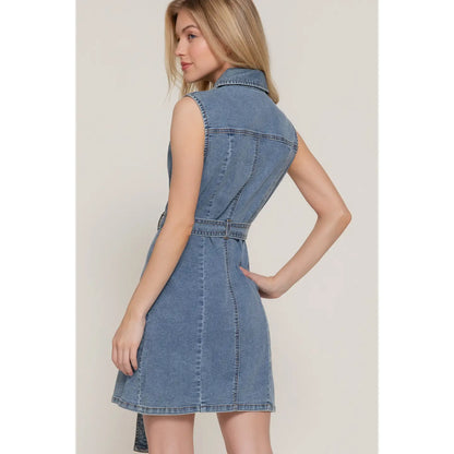 Sleeveless Button Down Stretch Denim Mini Shirt Dress