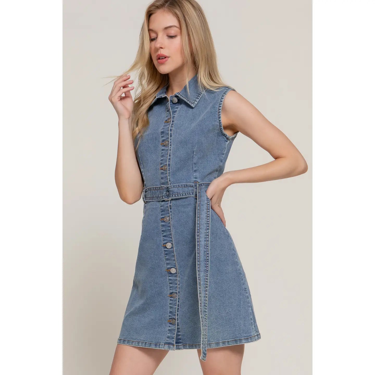 Sleeveless Button Down Stretch Denim Mini Shirt Dress