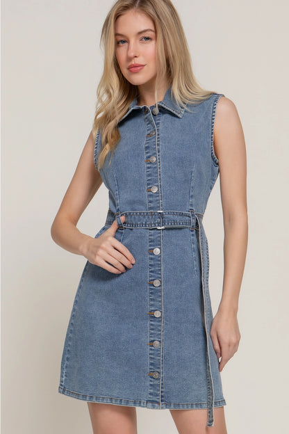 Sleeveless Button Down Stretch Denim Mini Shirt Dress